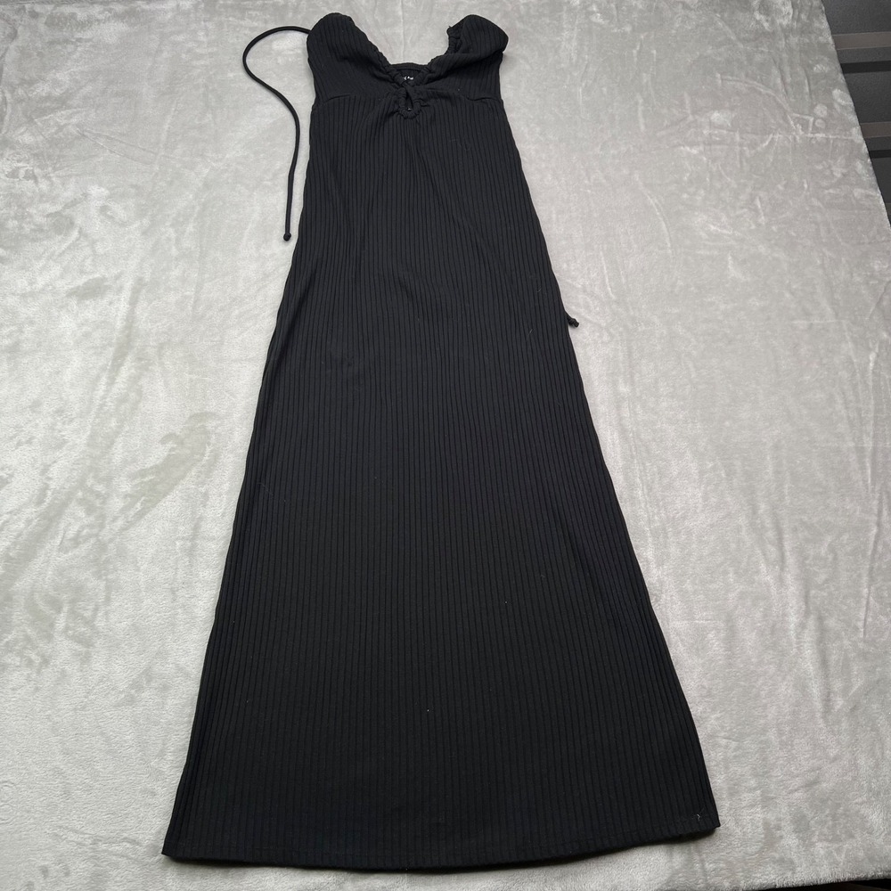 American Eagle Dress Women's XS Black Ribbed Knit‎ Maxi Dress with Lace-Up Front